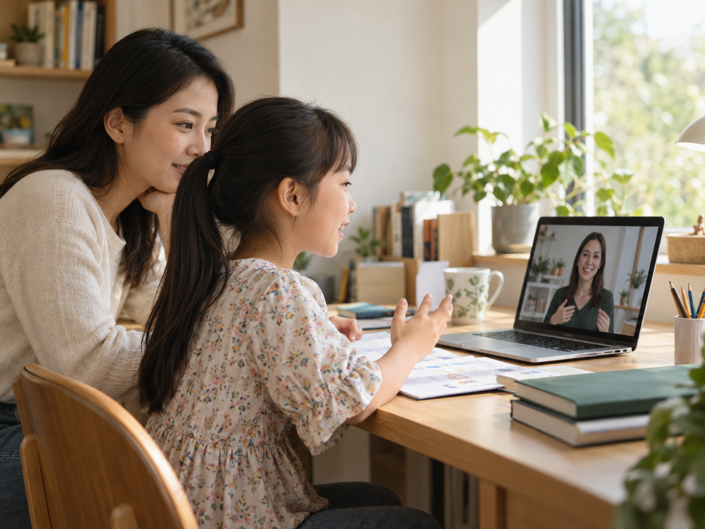 学习场景示意：家长陪伴孩子在家参与电脑上的在线英语课堂